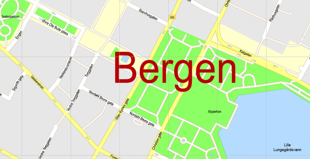Bergen Norway Map Vector Grande Exact City Plan detailed Street Map editable Adobe Illustrator in layers