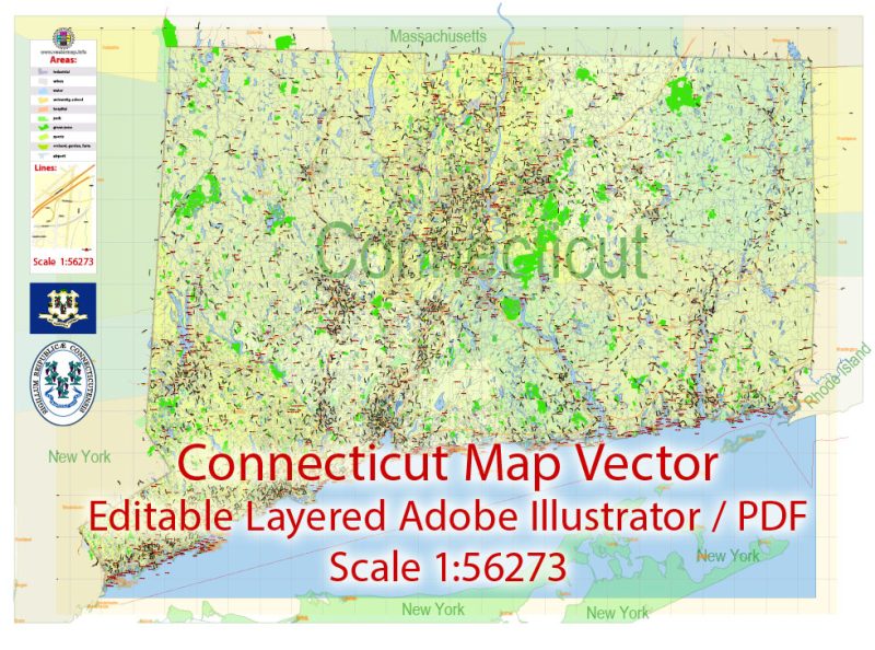 Connecticut State Map Vector Exact Plan detailed Road Admin Map editable Adobe Illustrator in layers