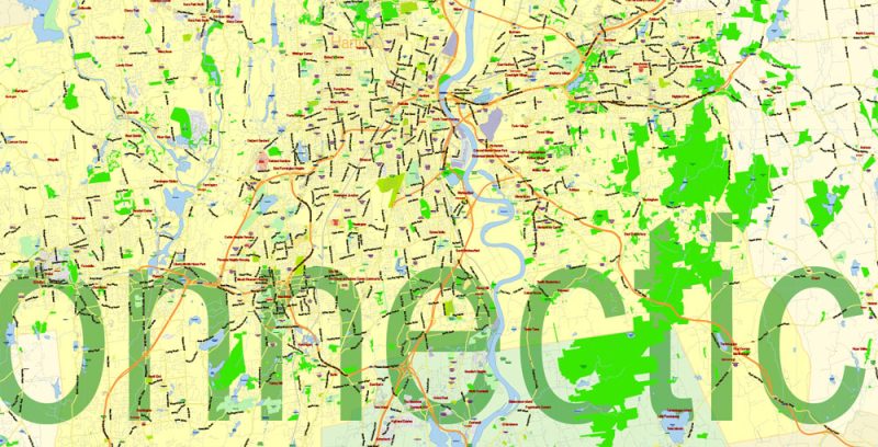 Connecticut State Map Vector Exact Plan detailed Road Admin Map editable Adobe Illustrator in layers