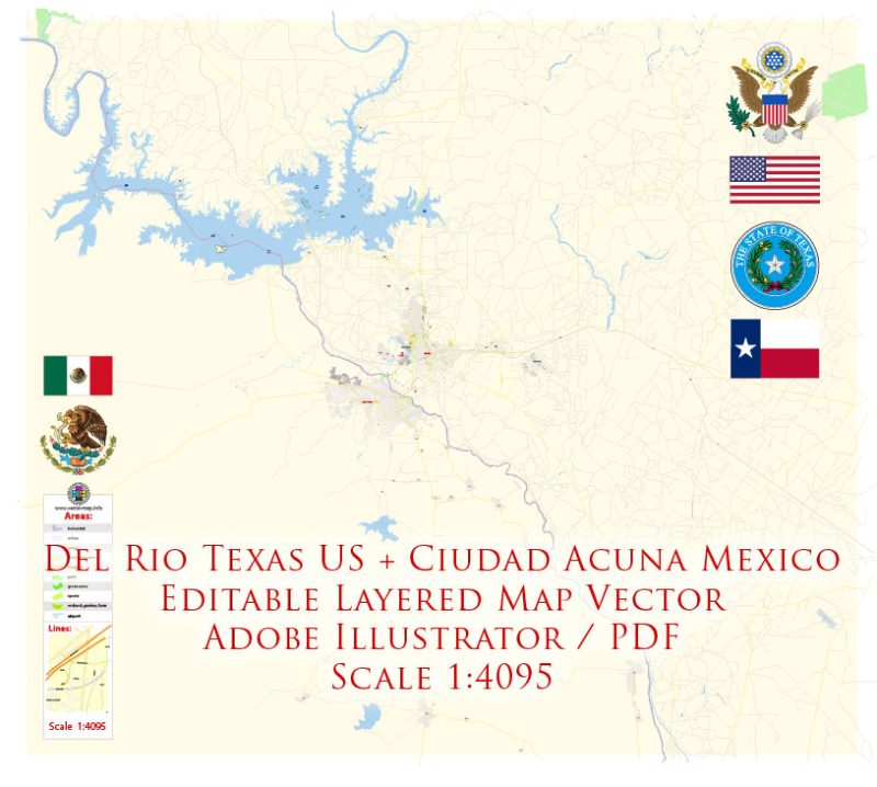 Del Rio Texas US + Ciudad Acuña Mexico Map Vector Exact City Plan detailed Street Map editable Adobe Illustrator in layers