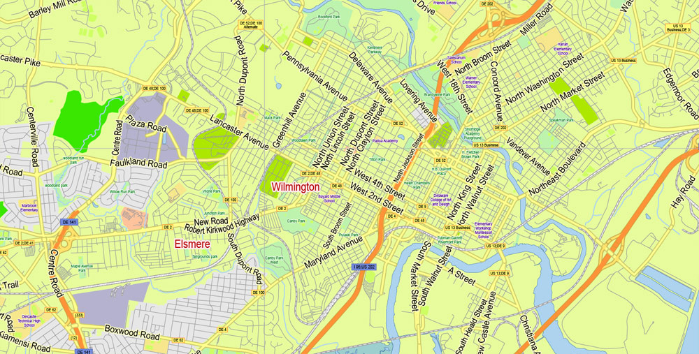 Delaware State Map Vector Exact Plan detailed Road Admin Map editable Adobe Illustrator in layers
