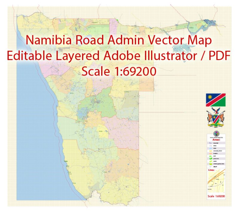 Namibia Map Vector Exact Country Plan detailed Road Admin Map editable Adobe Illustrator in layers