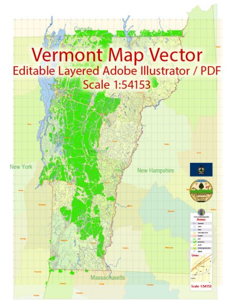 Vermont State Map Vector Exact Plan detailed Road Admin Map editable Adobe Illustrator in layers
