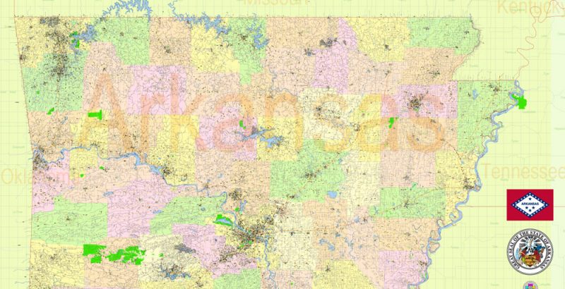 Arkansas US Map Vector Exact State Plan High Detailed Street Road Admin Map editable Adobe Illustrator in layers