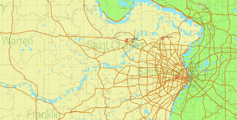 _Missouri State US Map Vector Exact State Plan Main Roads Railroads Admin Zipcodes Map editable Adobe Illustrator in layers