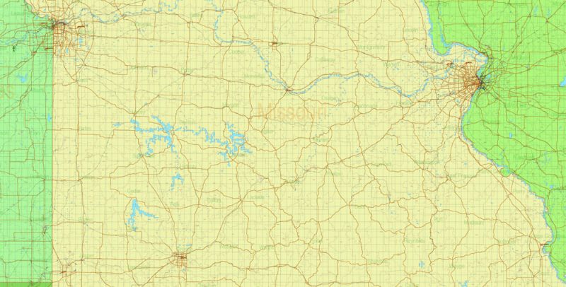 Missouri US Map Vector Exact State Plan Main Roads Railroads Admin Zipcodes Map editable Adobe Illustrator in layers