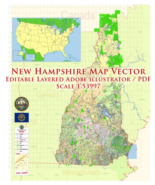 New Hampshire US Map Vector Exact State Plan High Detailed Street Road Admin Map editable Adobe Illustrator in layers