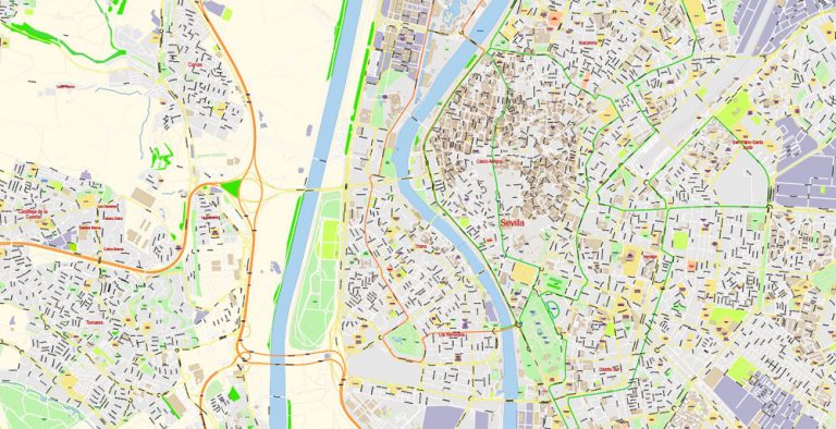 Seville Spain PDF Map Vector Exact City Plan High Detailed Street Map editable Adobe PDF in layers