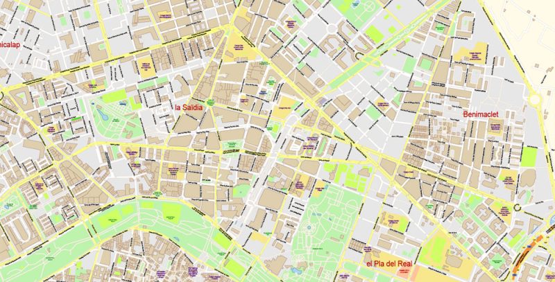 Valencia Spain Map Vector Exact City Plan High Detailed Street Map editable Adobe Illustrator in layers