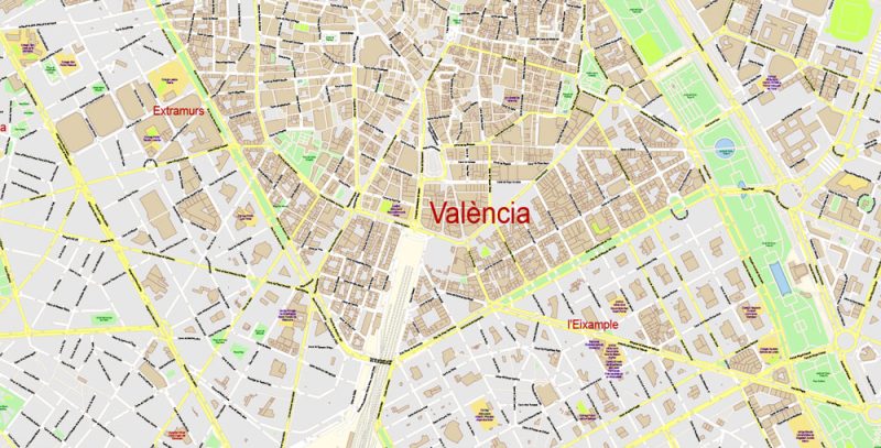Valencia Spain Map Vector Exact City Plan High Detailed Street Map editable Adobe Illustrator in layers