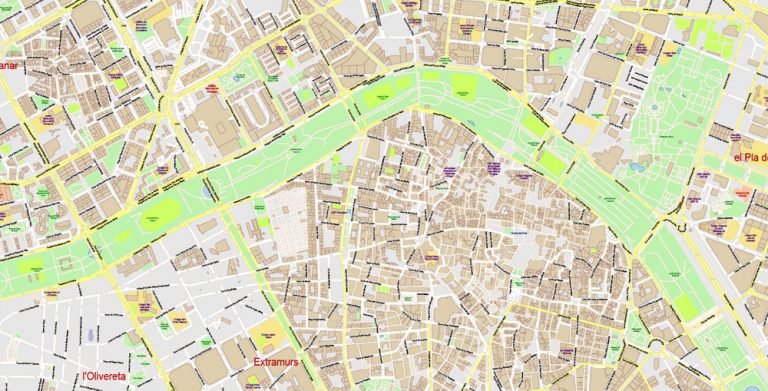 Valencia Spain Map Vector Exact City Plan High Detailed Street Map