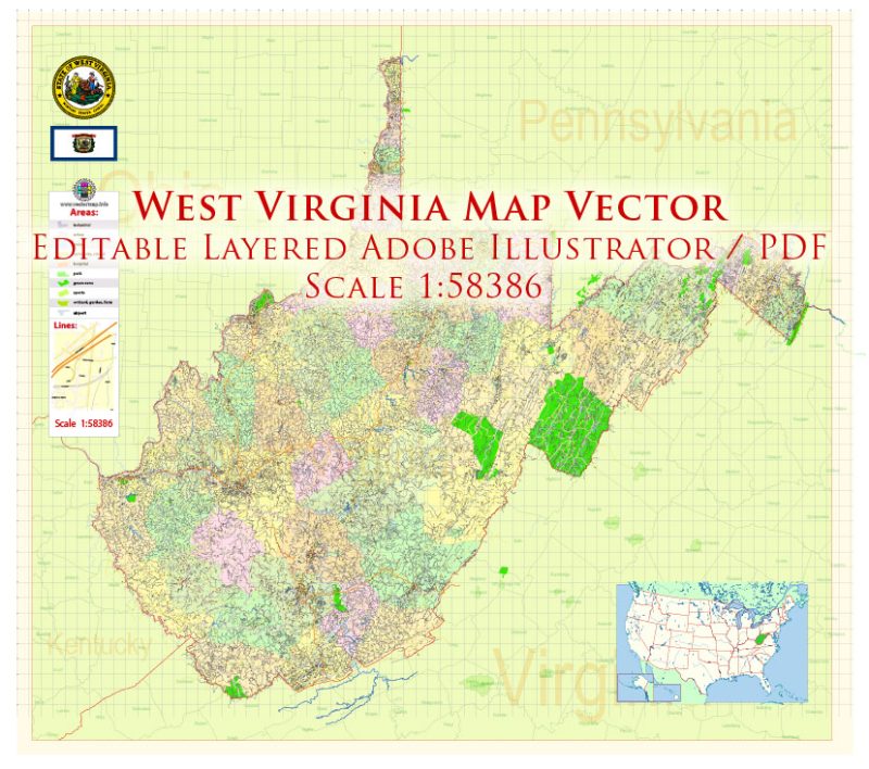 West Virginia US Map Vector Exact State Plan High Detailed Street Road Admin Map editable Adobe Illustrator in layers