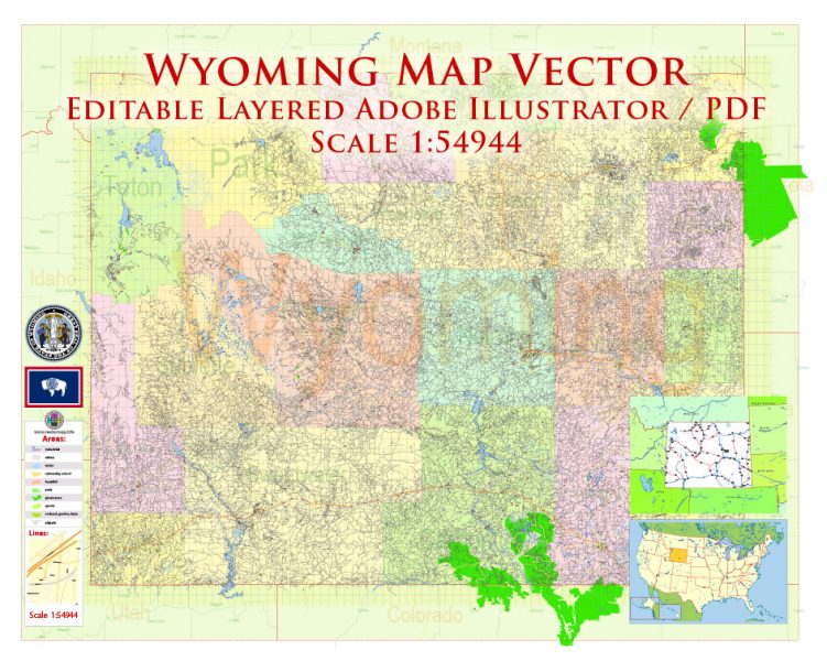 Wyoming US Map Vector Exact State Plan High Detailed Street Road Admin Map editable Adobe Illustrator in layers