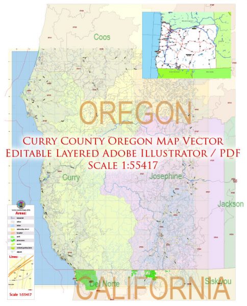 Curry County Oregon Map Vector Exact County Plan Detailed Road Admin Zipcodes Map editable Adobe Illustrator in layers