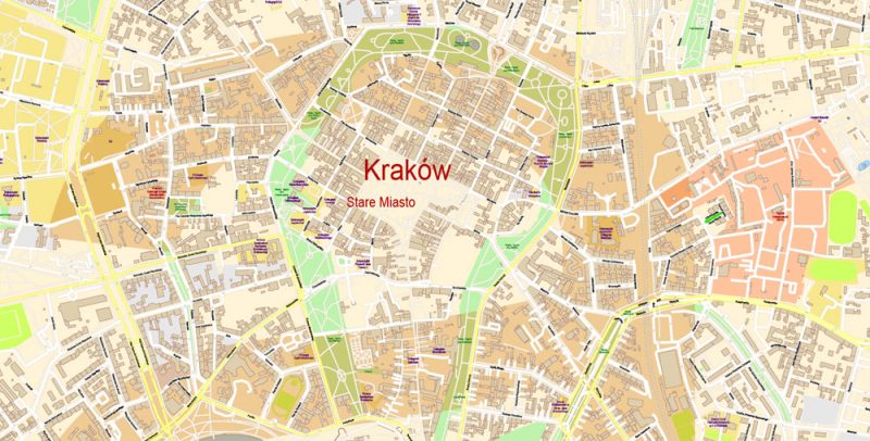 Krakow Poland Map Vector Exact City Plan High Detailed Street Map editable Adobe Illustrator in layers