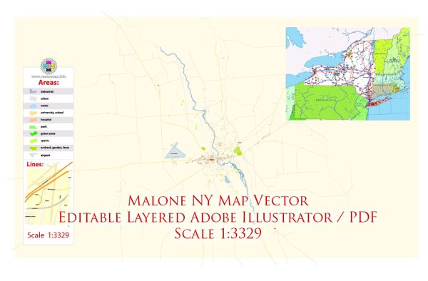 Malone New York Map Vector Exact City Plan High Detailed Street Map editable Adobe Illustrator in layers
