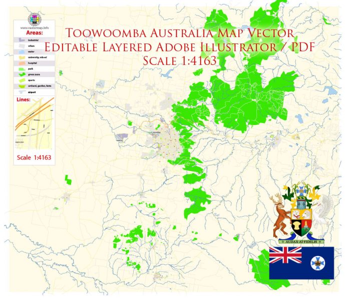 Toowoomba Queensland Australia Map Vector Exact City Plan High Detailed Street Map editable Adobe Illustrator in layers