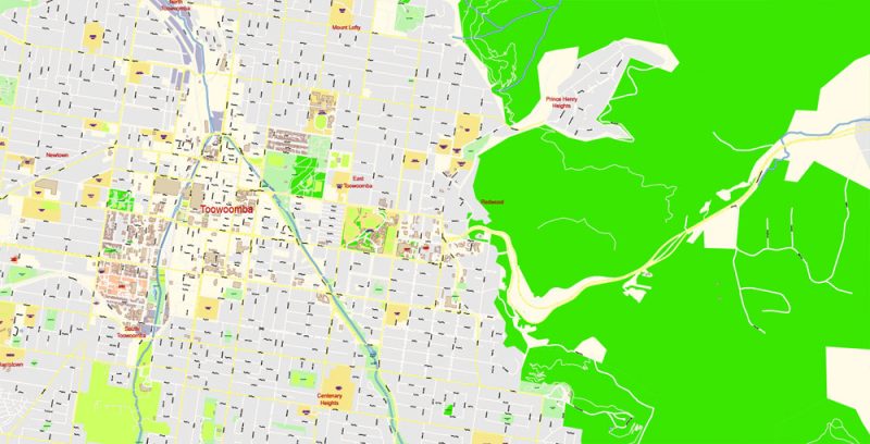 Toowoomba Queensland Australia Map Vector Exact City Plan High Detailed Street Map editable Adobe Illustrator in layers