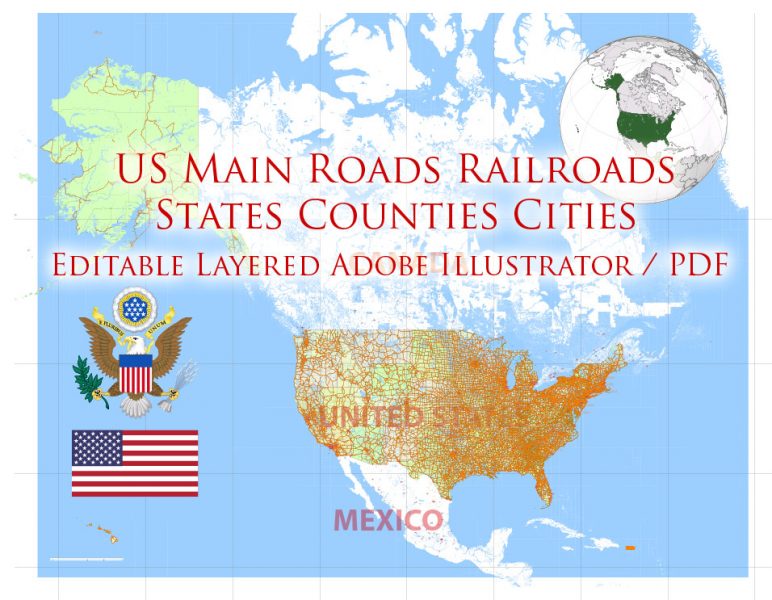 United States Map Vector 01 02 Main Roads, Railroads, Cities, States, Counties exact editable Adobe Illustrator