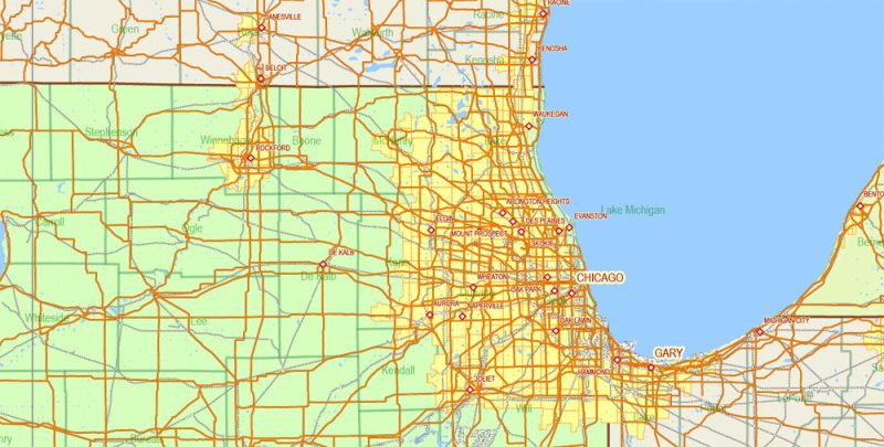 United States Map Vector 01 02 Main Roads, Railroads, Cities, States, Counties exact editable Adobe Illustrator