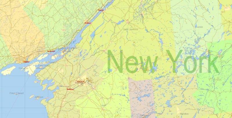 US North-East + Canada South-East Part Map Vector Exact Plan Detailed Road Admin Map editable Adobe Illustrator in layers