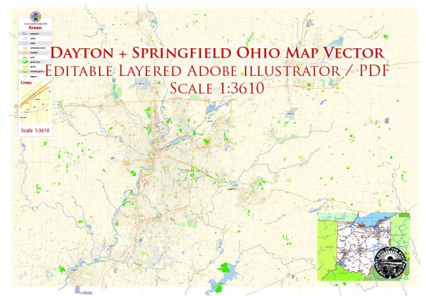 Dayton Springfield Ohio US Map Vector Exact City Plan High Detailed Street Map editable Adobe Illustrator in layers