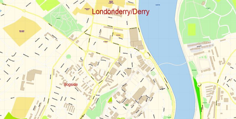 Londonderry Derry area UK Map Vector Exact City Plan High Detailed Street Map editable Adobe Illustrator in layers