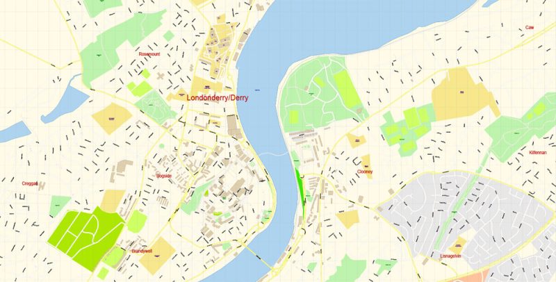 Londonderry Derry area UK Map Vector Exact City Plan High Detailed Street Map editable Adobe Illustrator in layers