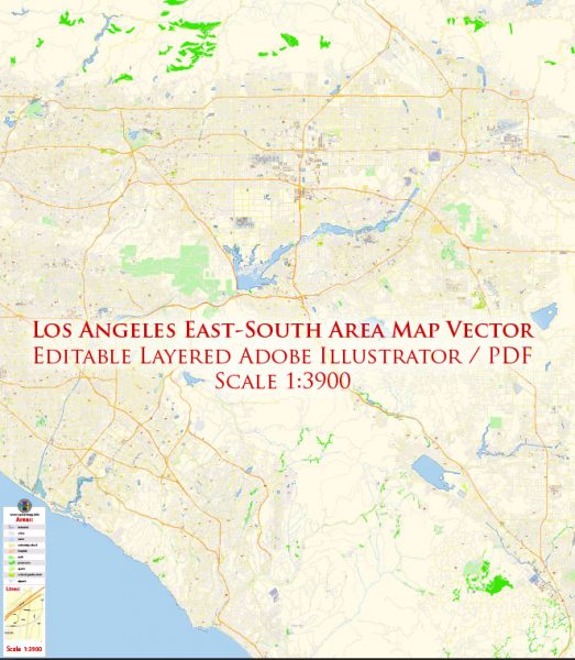 Los Angeles Metro Soutn East part California Map Vector Exact City Plan High Detailed Street Map editable Adobe Illustrator in layers