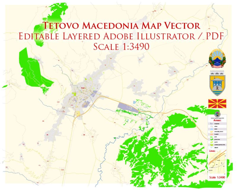 Tetovo Macedonia Map Vector Exact City Plan High Detailed Street Map editable Adobe Illustrator in layers