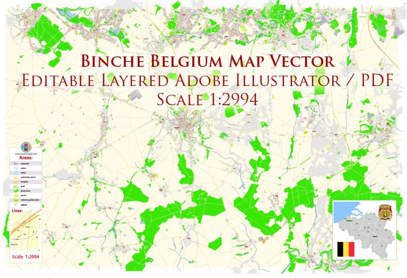 Binche Belgium Map Vector Exact City Plan High Detailed Street Map editable Adobe Illustrator in layers