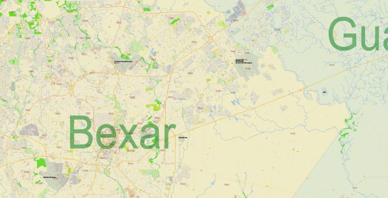 Bexar County San Antonio Texas US Map Vector Exact area Plan High Detailed Street Map + admin + Zipcodes editable Adobe Illustrator in layers