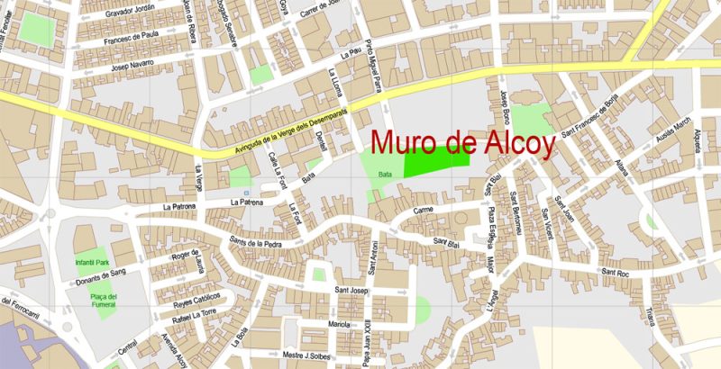 Alcoi Alcoy Alicante Spain Map Vector Exact City Plan High Detailed Street Map editable Adobe Illustrator in layers