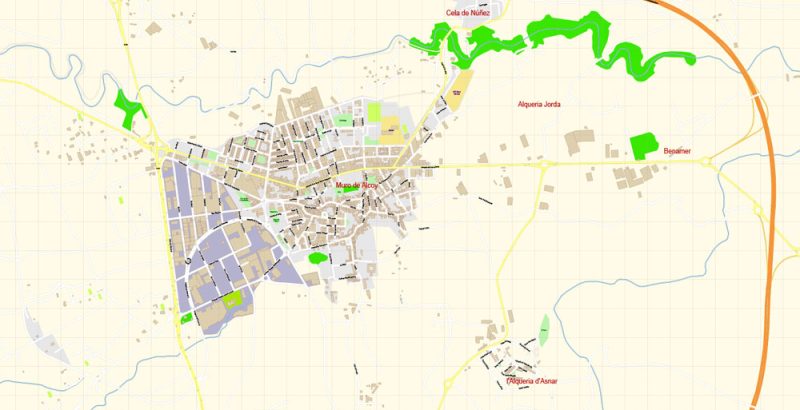 Alcoi Alcoy Alicante Spain Map Vector Exact City Plan High Detailed Street Map editable Adobe Illustrator in layers