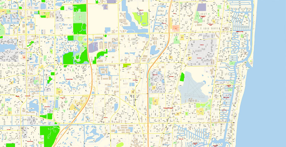 East Florida (Miami - Jupiter area) US Map Vector Exact City Plan High Detailed Street Map editable Adobe Illustrator in layers