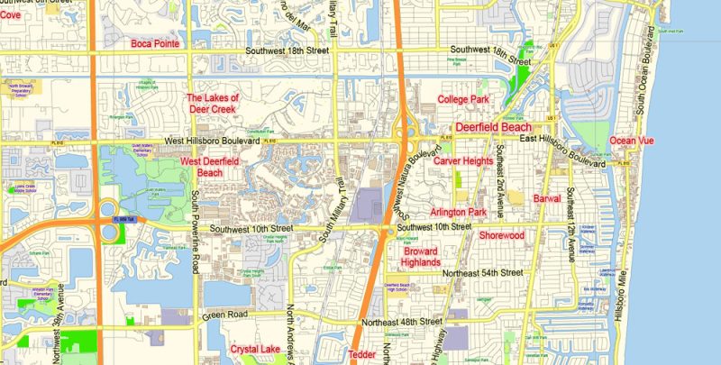 East Florida Jupiter-Miami area US Map Vector Exact City Plan Low Detailed Street Map editable Adobe Illustrator in layers