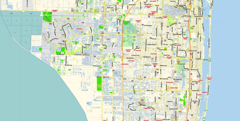 East Florida Jupiter-Miami area US Map Vector Exact City Plan Low Detailed Street Map editable Adobe Illustrator in layers