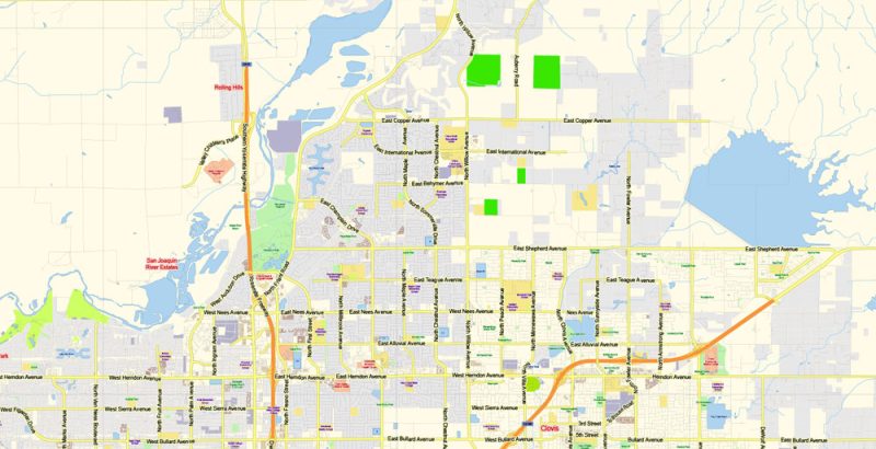 Fresno California US Map Vector Exact City Plan Low Detailed Street Map editable Adobe Illustrator in layers