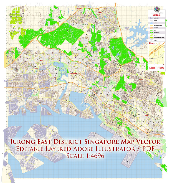 Jurong East District Singapore Map Vector Exact City Plan High Detailed Street Map editable Adobe Illustrator in layers