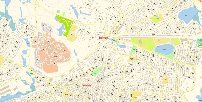 Lexington Area Massachusetts US Map Vector Exact City Plan High Detailed Street Map editable Adobe Illustrator in layers