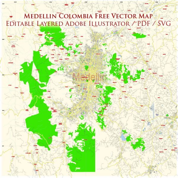 Medellin Colombia Vector Map FREE Download Adobe Illustrator, PDF, SVG