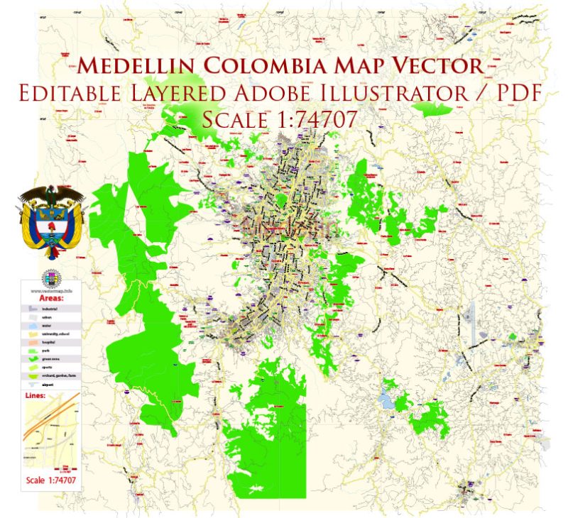 Medellin Colombia Map Vector Exact City Plan Low Detailed Street Map editable Adobe Illustrator in layers