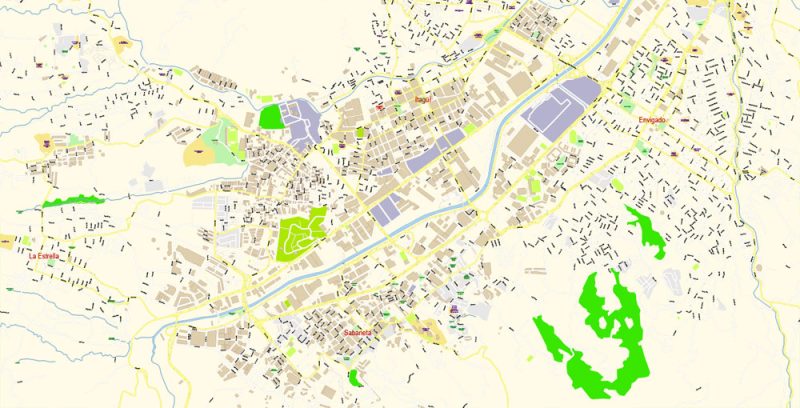 Medellin Colombia Map Vector Exact City Plan High Detailed Street Map editable Adobe Illustrator in layers