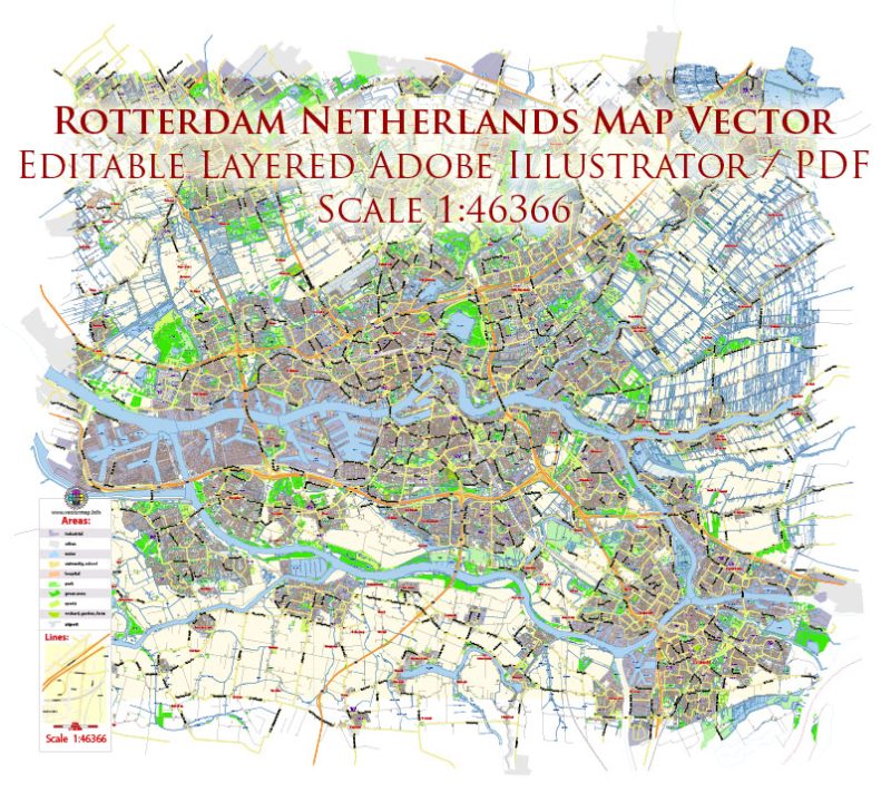 Rotterdam Netherlands Map Vector Exact City Plan Low Detailed Street Map editable Adobe Illustrator in layers