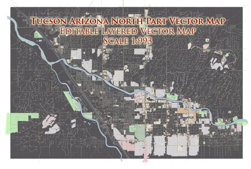 Tucson Arizona North Part US Vector Map extra high detailed City Plan full editable Adobe Illustrator Street Map in layers