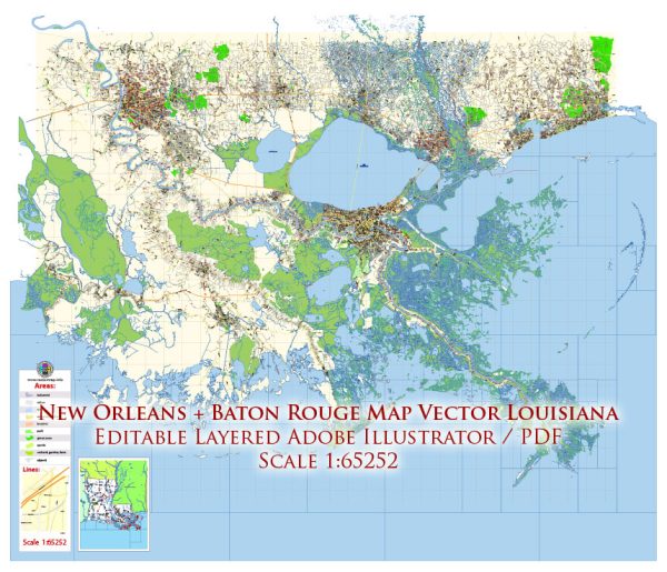 Baton Rouge + New Orleans Louisiana US Map Vector Exact Plan Detailed Street Map editable Adobe Illustrator in layers