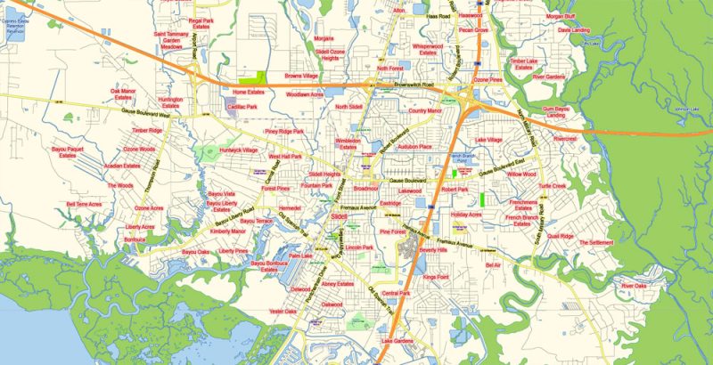 Baton Rouge + New Orleans Louisiana US Map Vector Exact City Plan Detailed Street Map editable Adobe Illustrator in layers