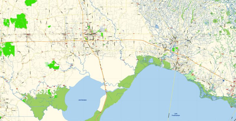 Baton Rouge + New Orleans Louisiana US Map Vector Exact City Plan Detailed Street Map editable Adobe Illustrator in layers