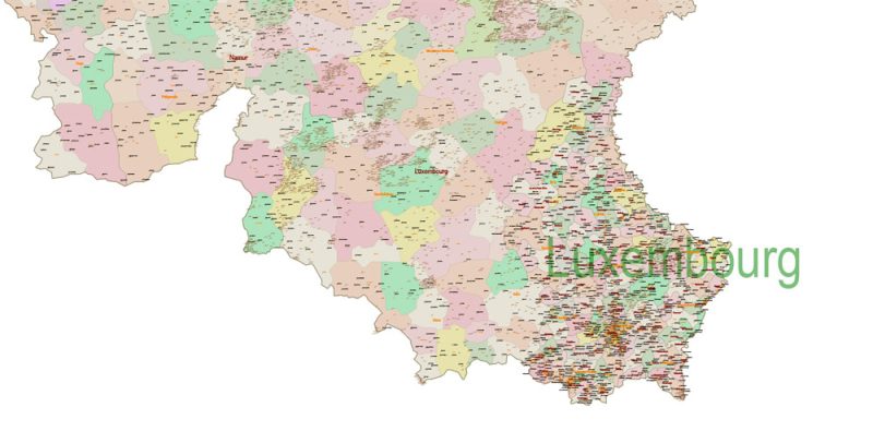 Belgium Netherladns Luxembourg Map Vector Cities + Admin + Postcodes Map editable ESRI Shapes .shp + PDF in layers