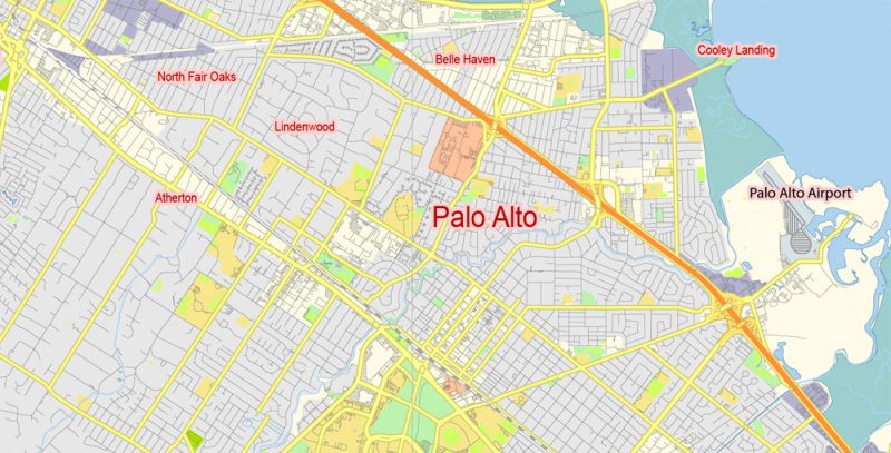 Palo Alto Mountain View Map Vector California Free Editable Layered Adobe Illustrator + PDF + SVG